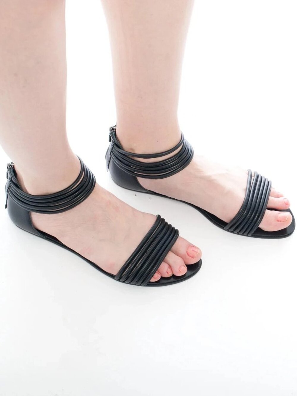 New Black Genuine Leather Flat Sandals NYC Designer Handmade